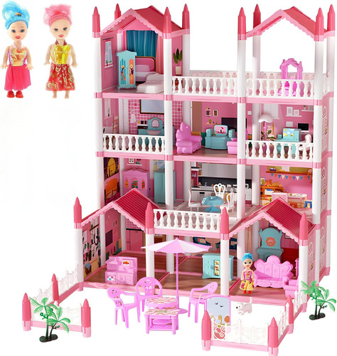 Casa De Muñecas Grande Con Muebles, 14 Cuarto,2 Muñecas,ros