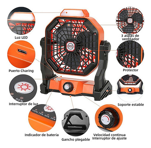 2 En 1 Ventilador De Camping Recargable Portátil Con Luz Led