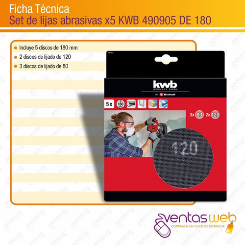 Imagen 3 de 4 de Set Juego 5 Lijas 180mm Kwb P Lijadora Multiple Grano 80/120
