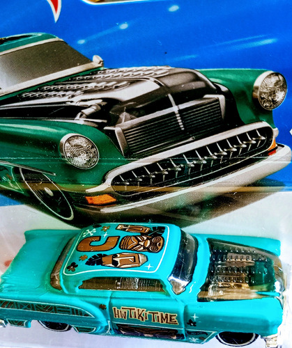 Auto Hot Wheels Español Custom 53 Chevy Esc 1/64 Nuevo Rdf1 Turquesa Ploteado Con Capot Transparente Y Vidrios Negros