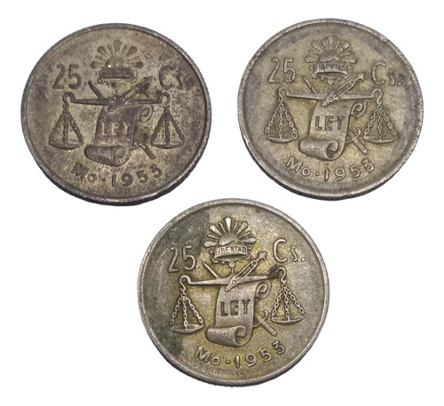 Monedas 25 Centavos Balancita 3 Piezas Plata 300 Año 1953