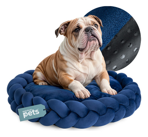 Cama Redonda Antiestrés 70 Cm Perro Mediano Esquimal Pets Color Azul marino Diseño Liso