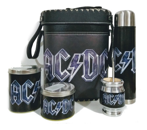 Set Matero Completo Acdc Queen Termo 1 Litro Acero Bicapa