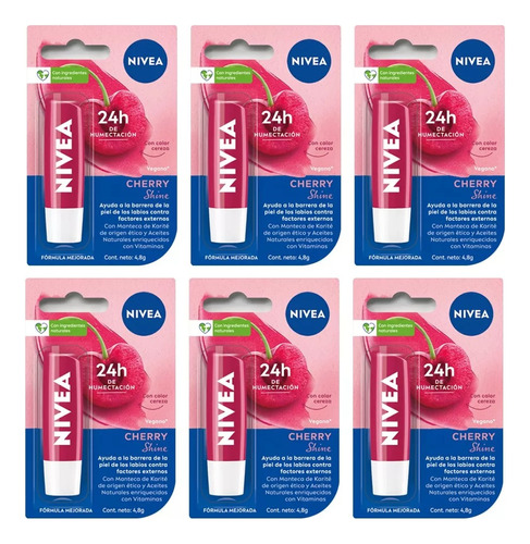 Combo 6 Labiales Nivea Fruity Shine Cereza Cherry 