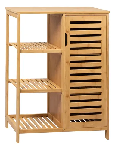 Mueble Organizador Para Baño Badecor, Madera De Bambú, Excelente Calidad, 3 Estantes Con Puerta - Alto 87cm