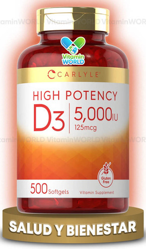 Carlyle Vitamina D3 5,000iu 125 Mcg 500 Softgels Sabor Sin Sabor
