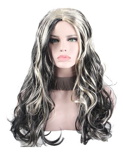 Peruca Longa Feminina Cabelo Preto Com Mechas Branco Loiro