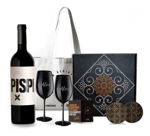 Box Vino Pispi Blend Tintas 2 Copas Negras Grabadas Estuche