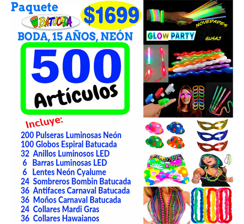 Paquete Batucada Fiesta 1000 Pz Boda Xv Años Cumple Neon Led