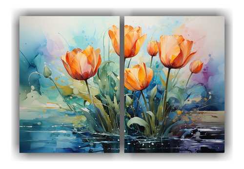 60x45cm Pintura Abstracta De Tulipanes Amarillos Y Verdes