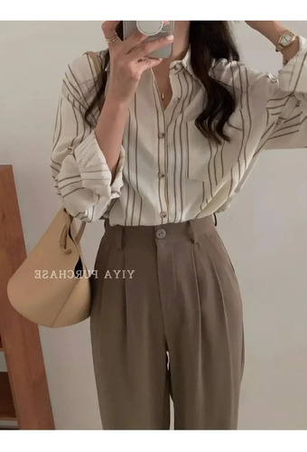 Camisa De Manga Larga Con Botones A Rayas - Top De Primavera
