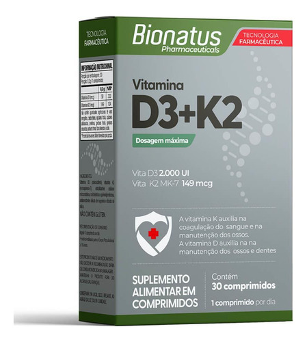 Vitamina D3+k2 Com 30 Comprimidos Sem Sabor