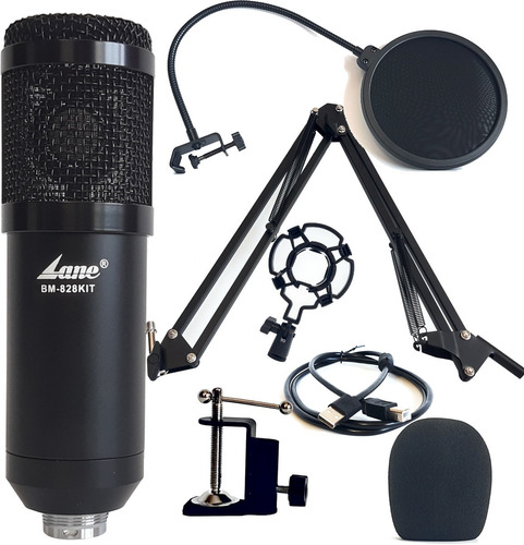 Microfono Condenser Usb Lane Bm-828 Kit Brazo Filtro Araña