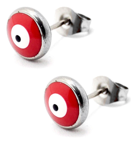 Aretes Acero Plateado Broquel Ojo Turco Nazar Rojo 8mm Eg