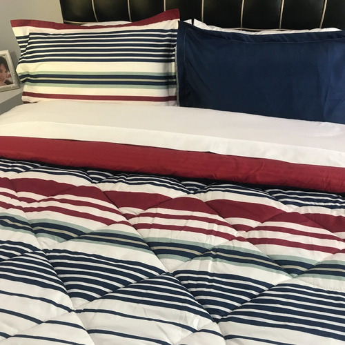 Imagen 2 de 3 de Plumón Queen Estampado +2 Fundas Rayas Azul