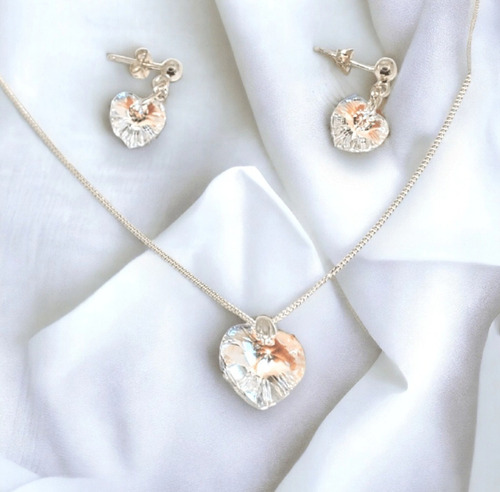 Conjunto Collar Y Aros Media Bolita Corazon Cristal Sw 10mm Shimmer