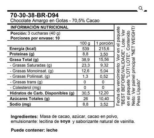 Chocolate Callebaut 70-30-38 Amargo 70% Cacao 400 Grs