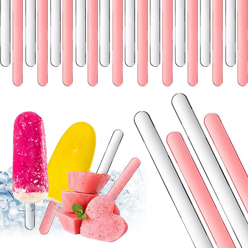 20 Palitos De Paleta Reutilizables Mini Transparente Y Rosa