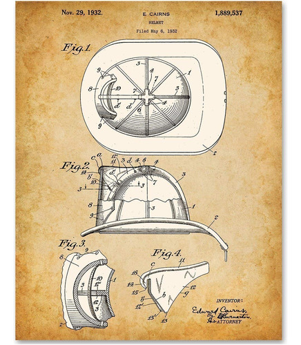 Casco De Bombero  Impresión De Patente Sin Marco De 11...
