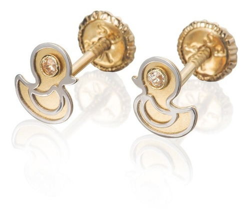 Aretes De Oro 14k Broquel Con Circonia Patitos Giallo
