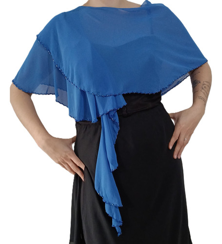 Chal De Fiesta Madrina Traslucido Simil Gasa Con Canutillos Azul Claro Liso U