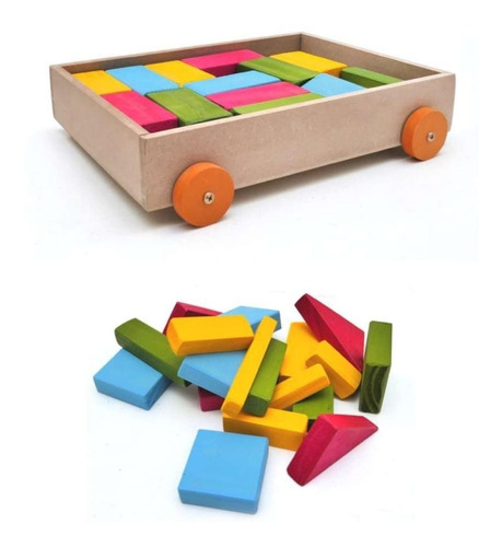 Juego Carro Didáctico Bloques Construcción De Madera