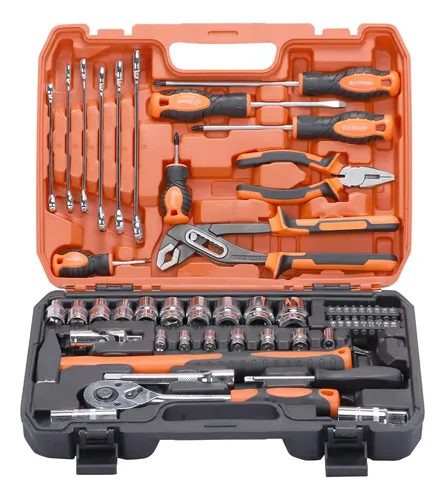 Kit Jogo De Ferramentas Profissional 58 Peças Invas Aço Cromo Vanádio Cr-V Chave Catraca 1/2 72 Dentes Soquetes Com Maleta Para Oficina Mecânico Manutenção Automotiva Carro Moto