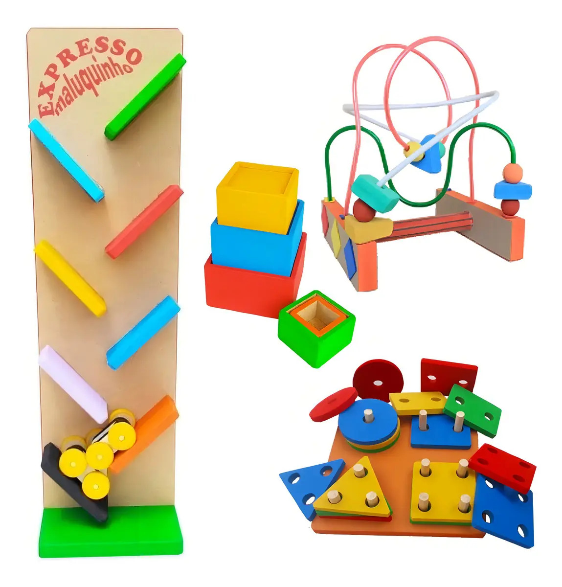 Kit 4 Brinquedos Educativos Madeira Brinque e Leia Encaixe Crianças