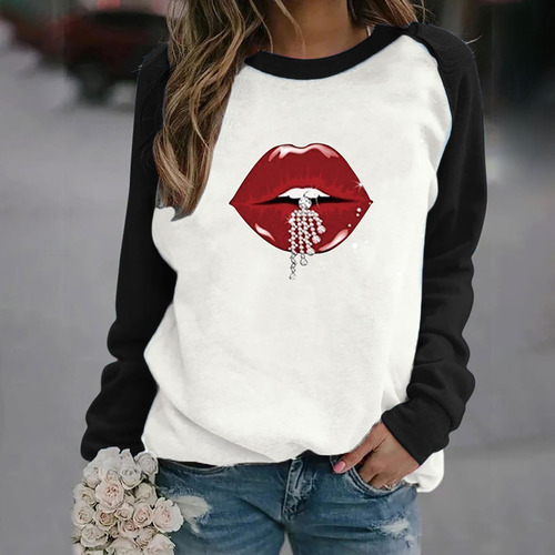 Top De Manga Larga De Forro Polar Con Estampado De Labios Ra