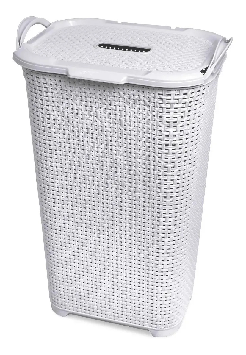 Canasto / Cesto Para Ropa Sucia C/ Tapa Plastico Simil Ratan Color Blanco
