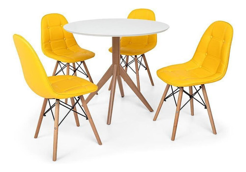 Kit Mesa De Jantar Maitê 80cm Branca Com 4 Cadeiras Botonê Cor Amarela