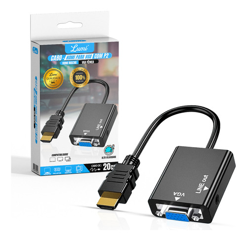 Cabo Conversor Adaptador Hdmi Para Vga Com Saída Áudio P2 Lumi