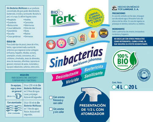 Sanitizante Sales Cuaternarias De Amonio Biodegradable 20 Lt