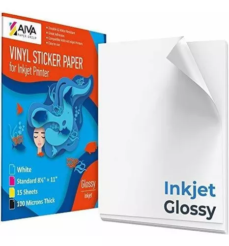 Papel adhesivo de vinilo imprimible para impresora láser, color blanco  brillante, 15 hojas autoadhesivas, papel adhesivo impermeable, tamaño carta