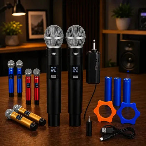Kit 2 Microfones Sem Fio LIGGI Recarregáveis UHF Com Led Para Karaok