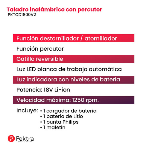 Taladro Atornillador Percutor Batería 18v Litio Maletin Luz Color Rojo Frecuencia 50
