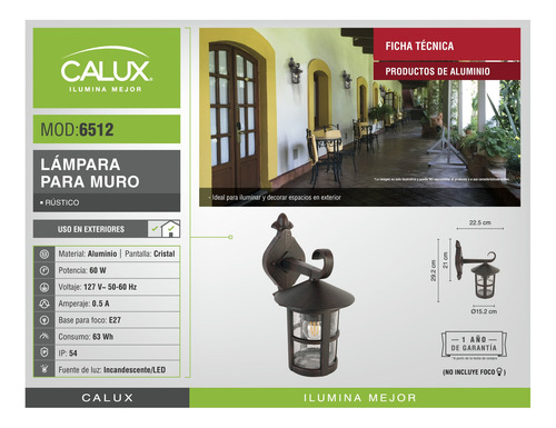 Farol Rustico 6512, Marca Calux Color Óxido