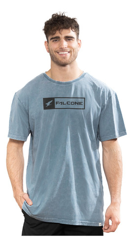 Polera Orgánica Acid-wash Rectangular Logo Azul Falcone