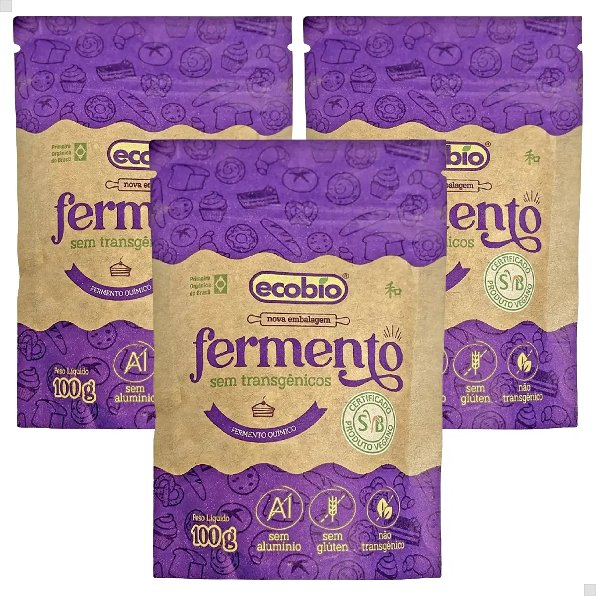 Kit 3 Un Fermento Químico Ecobio Não Transgênico S/ Alumínio