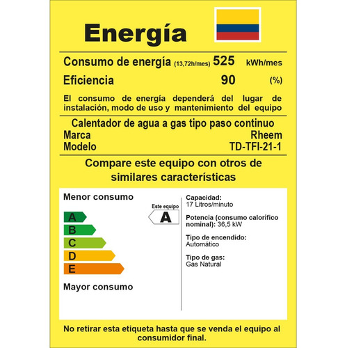 Calentador de Agua 21 Litros Gas Natural Tiro Forzado Dig Rheem