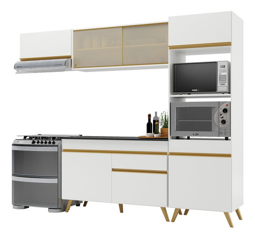 Armário De Cozinha Compacta 252cm Veneza Multimóveis V3691 Cor Branco/Dourado