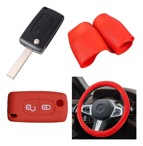 Cubre Volante + Llave Silicona 2 Botones Navaja Peugeot Rojo