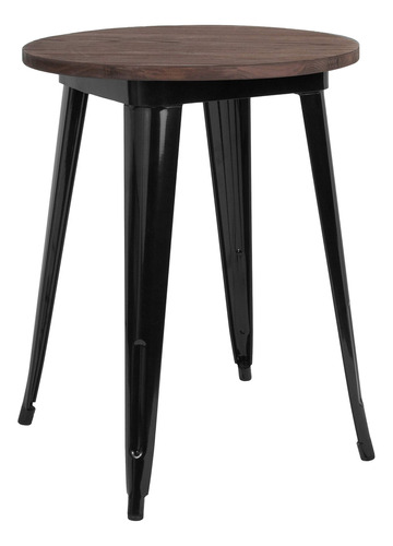 Mesa Redonda Metal Negro Para Interior Tapa Madera Rustica