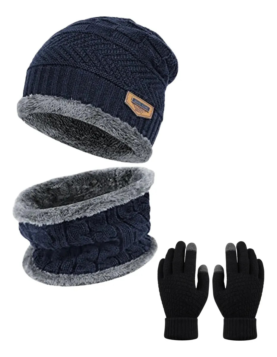 Kit Touca Gorro Cachecol + Luva Inverno Lã Pelinho Frio Cor Azul Tamanho Un