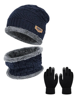 Kit Touca Gorro Cachecol + Luva Inverno Lã Pelinho Frio Cor Azul Tamanho Un
