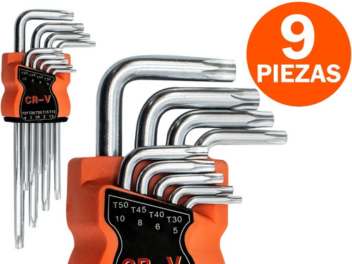 Imagen 1 de 10 de Juego De Llaves Torx 9 Piezas T 10 A T 50 Medianas Blister