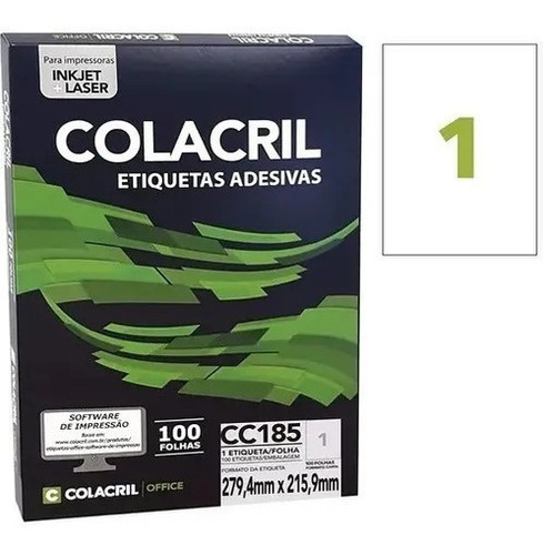 Etiqueta Colacril Cc185 (279,4x215,9) Caixa Com 100 Folhas Cor Branco
