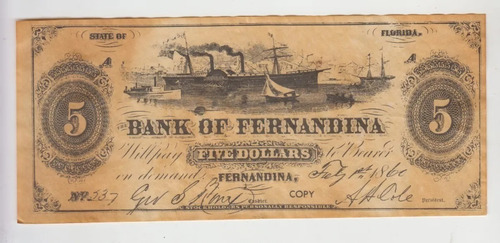 Billete Eeuu 5 Usd Fernandina Año 1860 (replica)