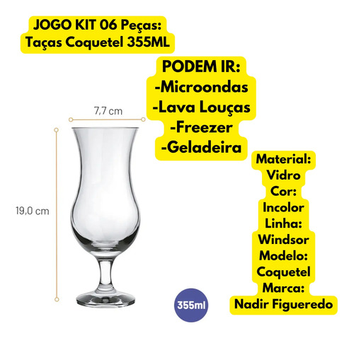 Jogo Kit 06 Taças Vidro Coquetel Windsor 355ml Barman