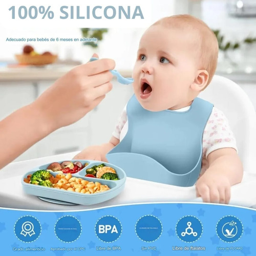 Set Alimentación Bebes Silicona Completo Plato Vaso Babero Verde Claro